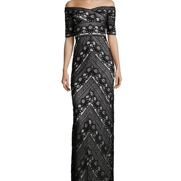 Adrianna Papell | Dresses | Adrianna Papell Womens Black Off Shoulder  Stripe Lace Column Gown | Poshmark